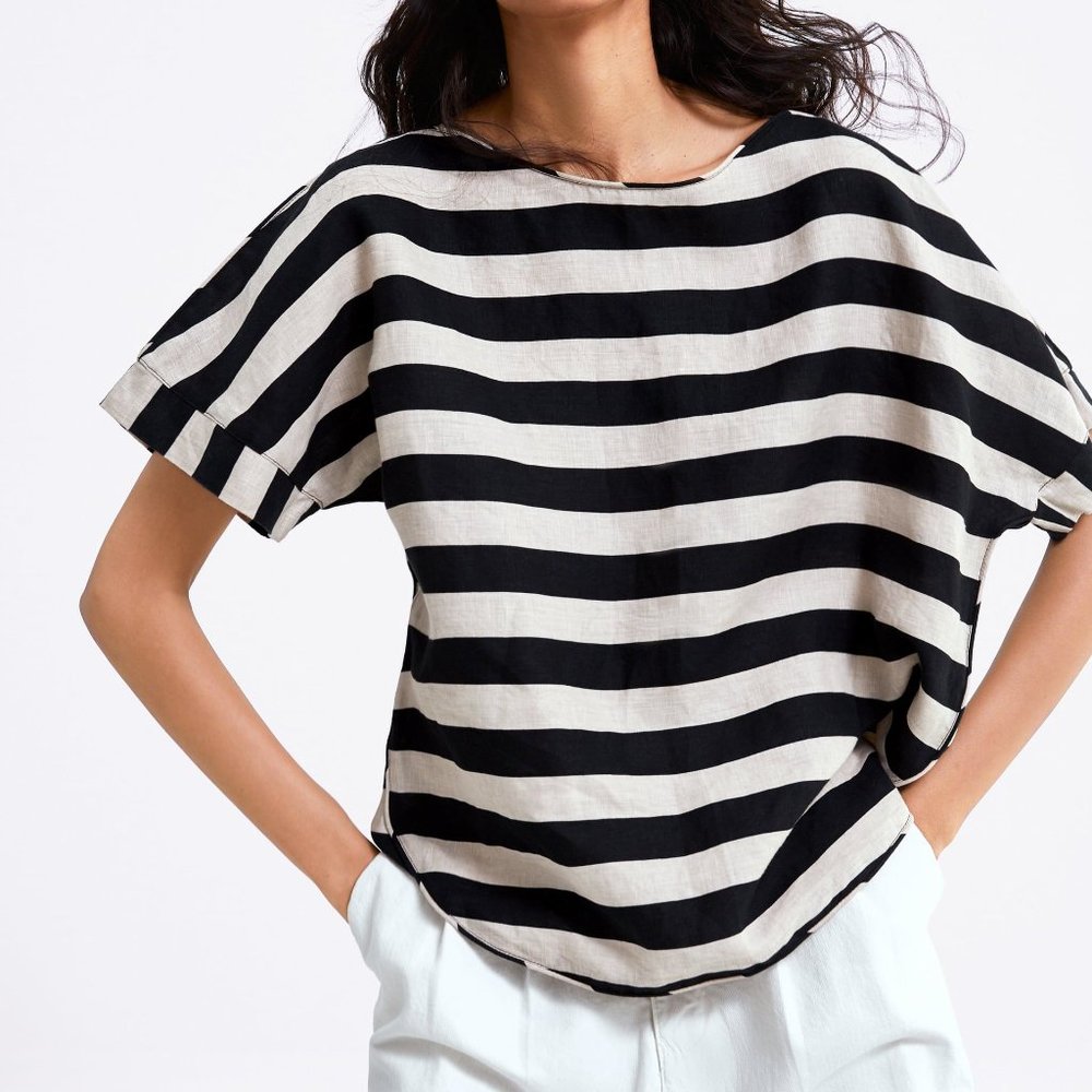 NWT Zara Striped Rustic Linen Blend Top